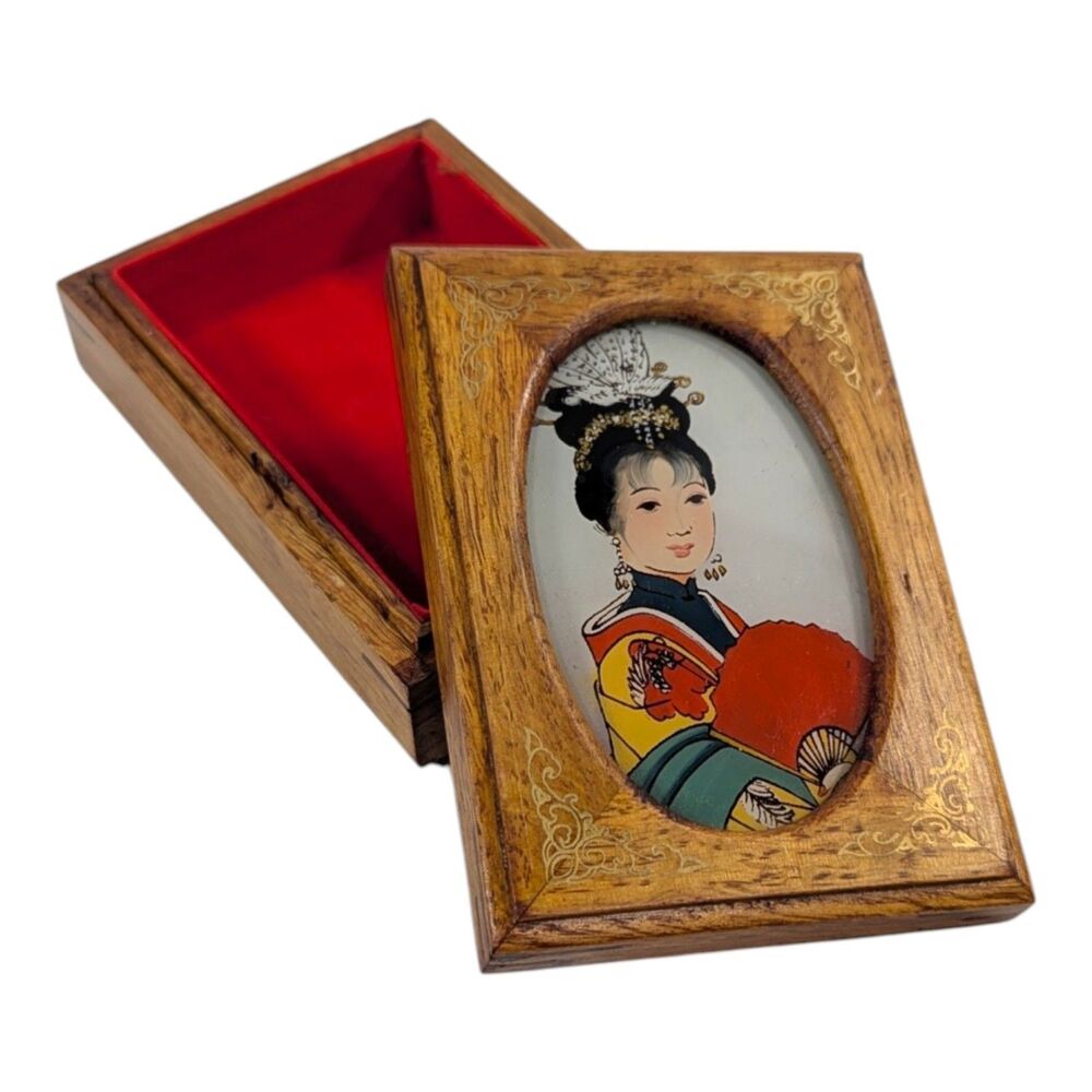 Vintage Wooden Trinket Box Chinese Asian Woman Lady Painted Glass Lined